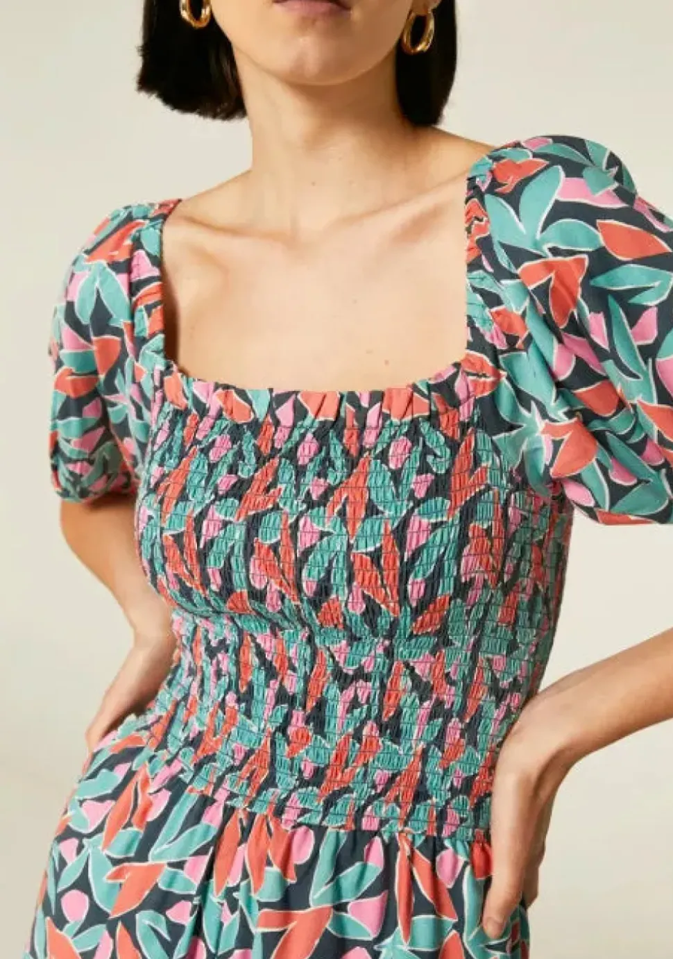 Floral Bird of Paradise Print Smocked Playsuit