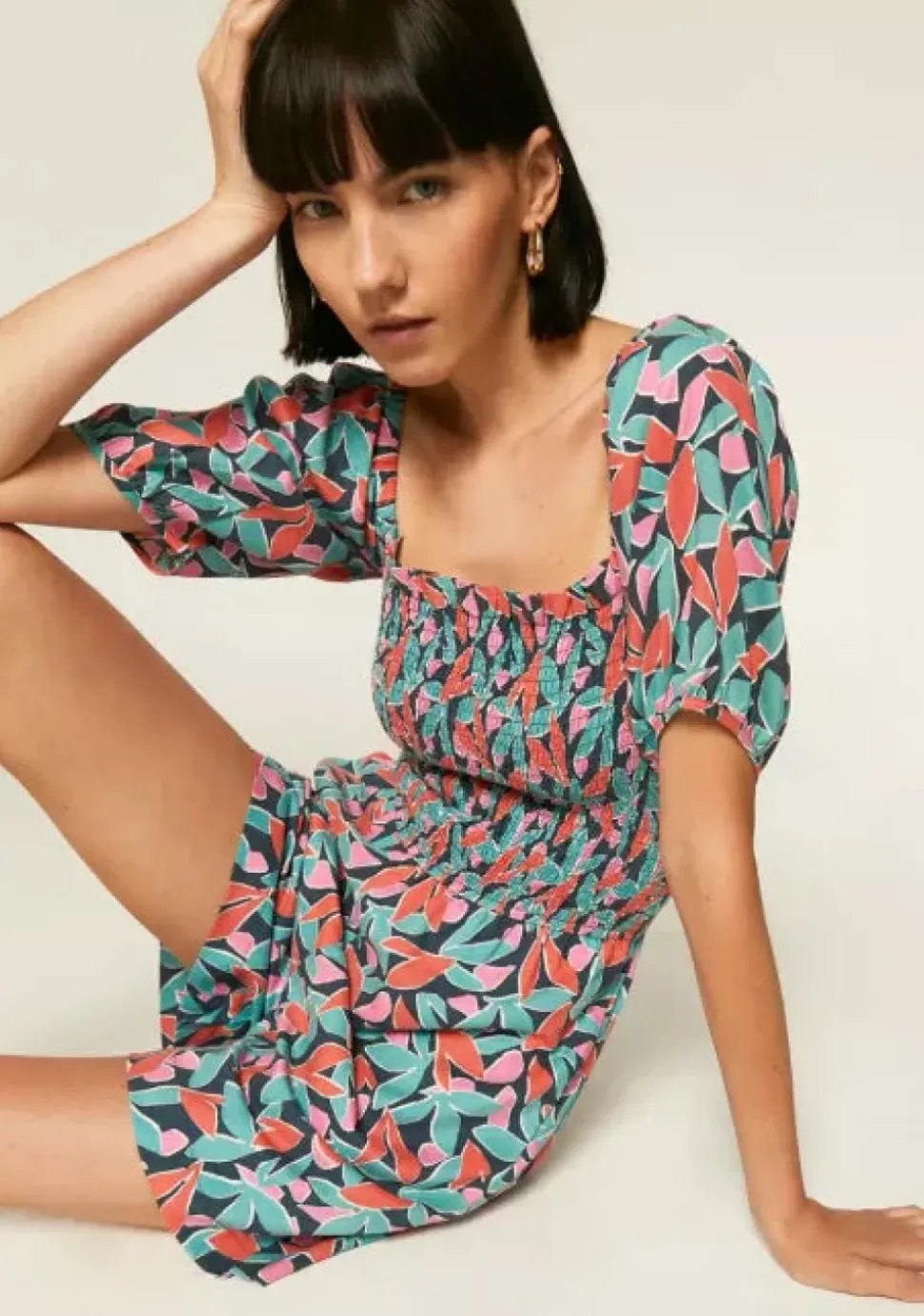 Floral Bird of Paradise Print Smocked Playsuit