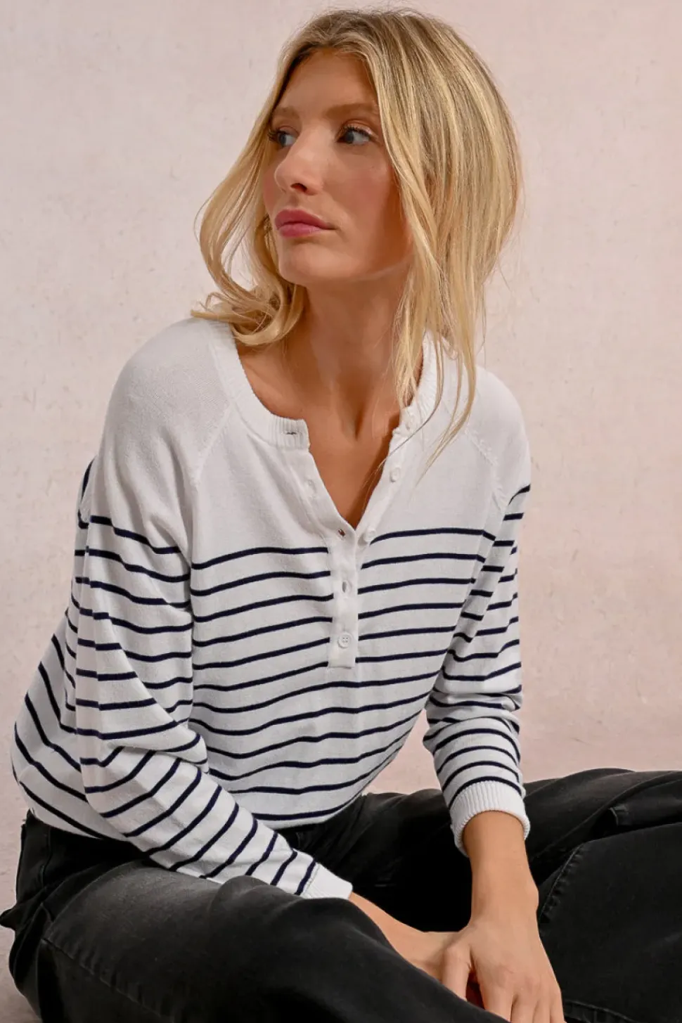 Stripe Henley Top - Blue/White