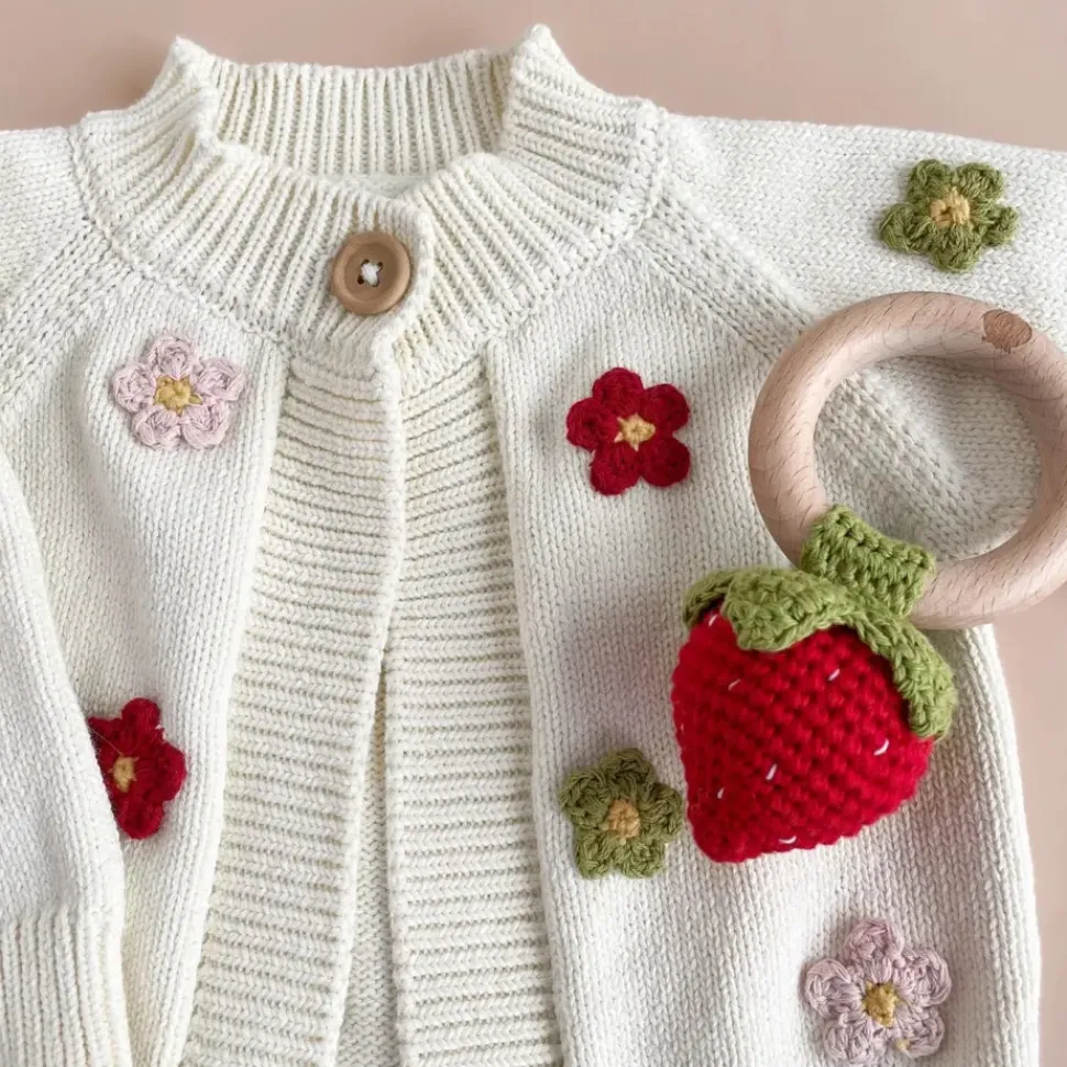 Teether Strawberry Red Cotton Crochet Rattle